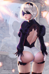 Rule 34 | 1girl, android, ass, ass grab, back, back cutout, black gloves, black hairband, blindfold, breasts, clothing cutout, deep skin, from behind, gloves, hairband, highres, hip focus, large breasts, leotard, mole, mole under mouth, nier (series), nier:automata, parted lips, prywinko, shiny skin, short hair, solo, thick thighs, thighhighs, thighs, thong leotard, wide hips, 2b (nier:automata)