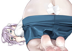 Rule 34 | 1girl, ass, barefoot, bent over, blue eyes, blue shorts, clothes pull, covering own mouth, feet, flower, from behind, hair flower, hair ornament, hand on own hip, highres, inamitsu shinji, long hair, looking at viewer, looking back, no panties, original, paid reward available, purple eyes, purple hair, shirt, shorts, shorts pull, simple background, solo, tape, tape on pussy, top-down bottom-up, white background, white flower, white shirt