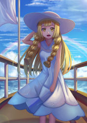 Rule 34 | absurdres, arm up, bare shoulders, blonde hair, blue sky, braid, breasts, cloud, cloudy sky, collared dress, commentary request, cowboy shot, creatures (company), day, dress, game freak, hat, highres, holding, holding clothes, holding hat, lillie (pokemon), long hair, looking at viewer, nintendo, ocean, open mouth, outdoors, pokemon, pokemon sm, rainbow, shano dongxi, sky, sleeveless, sleeveless dress, small breasts, solo, standing, sun hat, sundress, twin braids, white dress, white hat