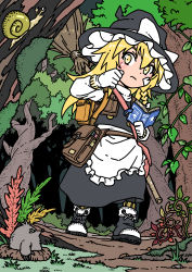 Rule 34 | 1girl, apron, backpack, bag, bandaid, bandaid on face, black dress, black footwear, blonde hair, book, boots, bow, braid, broom, buttons, dress, forest, gloves, hat, hat bow, highres, hiking, holding, holding book, inuno rakugaki, kirisame marisa, long hair, long sleeves, nature, outdoors, pouch, shoes, snail, solo, touhou, waist apron, white bow, white gloves, witch, witch hat, yellow eyes