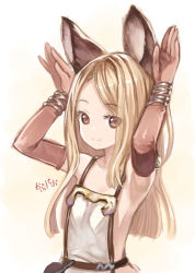 Rule 34 | 1girl, animal ears, armpits, backless outfit, blonde hair, bracelet, breasts, brown eyes, capriccio, elbow gloves, erun girl, erune, flat chest, gloves, granblue fantasy, jewelry, looking at viewer, parted bangs, rabbit pose, sideboob, simple background, smile, solo, white background