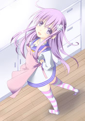 Rule 34 | 10s, 1girl, :d, apron, arms behind back, choker, choujigen game neptune mk2, collarbone, d-pad, dress, female focus, from above, hair ornament, izana, long hair, looking at viewer, looking up, minagi, nepgear, neptune (series), open mouth, purple eyes, purple hair, smile, socks, solo, striped clothes, striped socks, striped thighhighs, thighhighs, uranaishi (miraura), very long hair