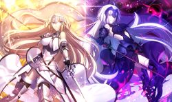Rule 34 | 2girls, armor, blonde hair, breasts, dark persona, fate/apocrypha, fate/grand order, fate (series), highres, jeanne d&#039;arc (fate), jeanne d&#039;arc (ruler) (fate), jeanne d&#039;arc (third ascension) (fate), jeanne d&#039;arc alter (avenger) (fate), jeanne d&#039;arc alter (avenger) (third ascension) (fate), jeanne d&#039;arc alter (fate), large breasts, long hair, mashima saki (mashimasa), multiple girls, official style, revision, ruler (fate/grand order), sideboob, smile, standard bearer, thighhighs, thighs