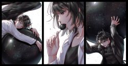 Rule 34 | 1girl, 2boys, aura draws, black border, black hair, black theme, black wings, border, candy, closed eyes, closed mouth, coat, commentary, eating, english commentary, feathered wings, food, han sooyoung, highres, holding, holding candy, holding food, holding lollipop, horns, kim dokja, lollipop, long sleeves, medium hair, multiple boys, omniscient reader&#039;s viewpoint, open mouth, orb, red horns, shirt, short hair, simple background, sky, standing, star (sky), starry sky, upper body, white background, wings, yoo joonghyuk