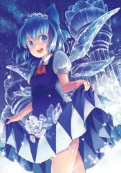 Rule 34 | 1girl, blue eyes, blue hair, bow, cirno, hair bow, ice, jewelry, kanini, matching hair/eyes, open mouth, ring, short hair, skirt, skirt basket, sky, smile, solo, star (sky), starry sky, tiara, touhou