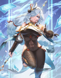 Rule 34 | 1girl, bare shoulders, black bodysuit, blue eyes, bodysuit, braid, breasts, burnt green tea, chinese clothes, covered erect nipples, genshin impact, hair ornament, hair over one eye, hair tie, hairclip, highres, hip vent, holding, holding polearm, holding weapon, large breasts, leg up, lips, long hair, looking at viewer, low-braided long hair, low-tied long hair, navel, parted lips, polearm, shenhe (genshin impact), solo, talisman, very long hair, weapon, white hair