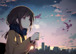 Rule 34 | 1girl, backlighting, blue scarf, blush, breath, brown eyes, brown hair, city, cloud, cloudy sky, coat, cup, enpera, highres, holding, holding cup, looking to the side, md5 mismatch, morning, original, outdoors, parted lips, plaid, plaid scarf, resolution mismatch, scarf, sky, solo, source smaller, sunrise, sutorora, upper body