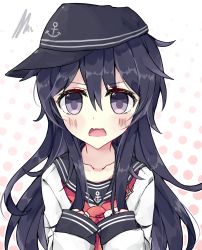 Rule 34 | 10s, 1girl, akatsuki (kancolle), bad anatomy, black hair, blush, clenched hands, commentary, hat, highres, kantai collection, kvlen, long hair, looking at viewer, open mouth, purple eyes, school uniform, serafuku, sideways hat, solo, squiggle, upper body