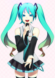 Rule 34 | 1girl, aqua eyes, bare shoulders, colored eyelashes, detached sleeves, gradient hair, hama (22ji kara 24ji), hatsune miku, highres, long hair, microphone, miniskirt, multicolored hair, open mouth, outstretched hand, skirt, solo, twintails, vocaloid