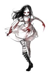 Rule 34 | 1girl, alice: madness returns, alice (alice in wonderland), alice in wonderland, alice liddell (american mcgee&#039;s alice), alternate form, american mcgee&#039;s alice, american mcgee's alice, black hair, blood, bluerancel, boots, dress, full body, highres, knife, open mouth, pantyhose, red eyes, simple background, sketch, solo, striped clothes, striped pantyhose, walking, white background