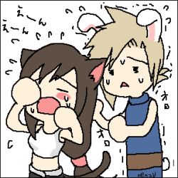 Rule 34 | 1990s (style), animal ears, blush, blush stickers, cat ears, cat tail, cloud strife, crying, final fantasy, final fantasy vii, lowres, rabbit ears, rabbit tail, retro artstyle, simple background, tail, tears, tifa lockhart, white background