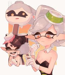 Rule 34 | 2girls, a very happy potato, bare arms, bare shoulders, black dress, black hair, black jumpsuit, bow-shaped hair, breasts, callie (splatoon), cleavage, closed eyes, collarbone, cousins, detached collar, dress, earrings, food, food in mouth, food on head, gloves, grey hair, highres, holding, holding food, holding popsicle, hoop earrings, inkling, jewelry, jumpsuit, marie (splatoon), medium breasts, mole, mole under eye, multiple girls, nintendo, object on head, pointy ears, popsicle, popsicle in mouth, short dress, short jumpsuit, short ponytail, splatoon (series), strapless, strapless dress, sushi, swept bangs, tentacle hair, thick eyebrows, twintails, upper body, white gloves, yellow eyes