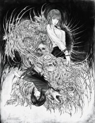 Rule 34 | 2girls, absurdres, braid, breasts, chain, chainsaw man, closed eyes, commentary, dog, english commentary, greyscale, highres, instagram username, makima (chainsaw man), marvin (omarvin), medium breasts, monochrome, multiple girls, nayuta (chainsaw man), necktie, ribs, ringed eyes, rotational symmetry, signature, single braid, skeleton, skull, twitter username