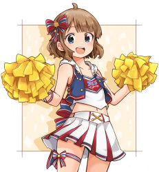 Rule 34 | 1girl, ahoge, armband, bare shoulders, blue eyes, blush, brown hair, collarbone, cropped jacket, cropped shirt, grid background, hair ornament, highres, holding, holding pom poms, hood, hood down, idolmaster, idolmaster million live!, idolmaster million live! theater days, looking at viewer, midriff, navel, open mouth, outside border, pleated skirt, pom pom (cheerleading), pom poms, ribbon, roku kyuu, short hair, simple background, skirt, smile, solo, standing, suou momoko, thigh strap