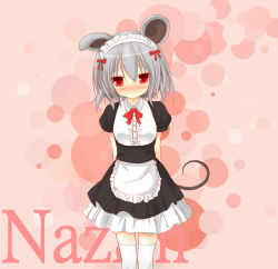 Rule 34 | 1girl, alternate costume, animal ears, apron, arms behind back, blush, bow, character name, dress, enmaided, female focus, greatmosu, grey hair, hair bow, highres, looking at viewer, maid, maid apron, maid headdress, mouse ears, mouse tail, nazrin, pink background, polka dot, polka dot background, puffy short sleeves, puffy sleeves, red eyes, short hair, short sleeves, solo, standing, tail, thighhighs, touhou, waist apron, white thighhighs