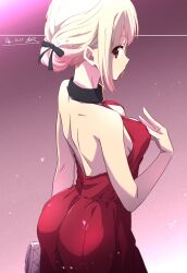 Rule 34 | 1girl, ass, backless dress, backless outfit, bare shoulders, beads, black collar, black ribbon, blonde hair, breasts, collar, commentary, dated, dress, from behind, hair beads, hair bun, hair ornament, hair ribbon, hand up, highres, large breasts, looking at viewer, lycoris recoil, nii manabu, nishikigi chisato, official alternate costume, red dress, red eyes, ribbon, signature, solo, women&#039;s wallet
