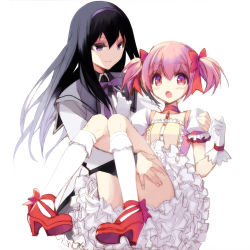 Rule 34 | 10s, 2girls, :o, akemi homura, bad id, bad pixiv id, black hair, bow, carrying, choker, dress, frilled dress, frills, hair bow, hand on another&#039;s thigh, hand on thigh, high heels, highres, kaname madoka, kneehighs, long hair, mahou shoujo madoka magica, mahou shoujo madoka magica (anime), misteor, multiple girls, parted lips, petticoat, pink eyes, pink hair, princess carry, purple eyes, red bow, red footwear, shoes, smirk, socks, surprised, white background