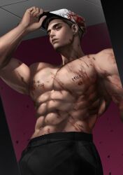 Rule 34 | 1boy, abs, absurdres, bara, black hair, black pants, blood, blood on clothes, closed mouth, francis mosses, hat, highres, indoors, large pectorals, looking at viewer, male focus, muscular, muscular male, navel, nipples, pants, pectorals, short hair, solo, that&#039;s not my neighbor, topless male, vanlious