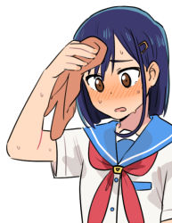 Rule 34 | 1girl, ange (angeban93), blue hair, blush, brown eyes, brown nails, flip flappers, hair ornament, hairclip, holding, kokomine cocona, meme, parted lips, school uniform, short hair, simple background, solo, sweat, upper body, white background, wiping forehead, wiping sweat