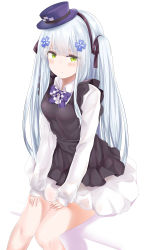 Rule 34 | 1girl, absurdres, black dress, black ribbon, blue hair, blush, bow, bowtie, closed mouth, collared shirt, commentary request, dress, dress shirt, girls&#039; frontline, green eyes, hair between eyes, hair ornament, hair ribbon, hat, highres, hk416 (black kitty&#039;s gift) (girls&#039; frontline), hk416 (girls&#039; frontline), long hair, long sleeves, looking at viewer, mini hat, official alternate costume, pleated dress, pleated skirt, purple bow, purple bowtie, purple hat, ribbon, ru zhai, shirt, sitting, skirt, sleeveless, sleeveless dress, sleeves past wrists, solo, two side up, very long hair, white background, white shirt, white skirt