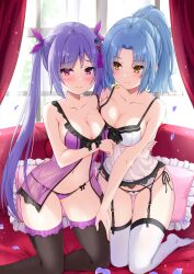 Rule 34 | 2girls, arm around waist, arm under breasts, artist name, assault lily, babydoll, bare shoulders, bed, black bow, black panties, black thighhighs, blue hair, blush, bow, bow panties, breast press, breasts, camisole, cleavage, closed mouth, collar, commentary, crescent, crescent earrings, day, earrings, falling petals, fingernails, frilled pillow, frills, garter belt, gluteal fold, gungun (hakutou7887), hair ornament, hair ribbon, hand on another&#039;s thigh, hand on another&#039;s waist, high ponytail, highres, indoors, jewelry, kneeling, lingerie, long hair, looking at another, looking at viewer, looking to the side, lowleg, lowleg panties, makino mitake, matsumura fuuka, medium breasts, medium hair, multiple girls, navel, no shoes, on bed, panties, parted bangs, petals, pillow, pink eyes, pink ribbon, ponytail, purple babydoll, purple hair, purple panties, raised eyebrows, ribbon, ring, see-through, side-tie panties, single earring, smile, string panties, tassel, tassel hair ornament, thighhighs, twintails, twitter username, two-tone panties, underwear, underwear only, very long hair, white babydoll, white panties, white thighhighs, window, yellow eyes, yuri