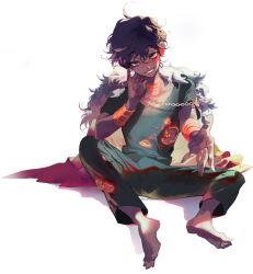 Rule 34 | 1boy, ahoge, bandaged arm, bandaged neck, bandages, barefoot, beckoning, bishounen, black hair, blood, blood on face, blue pants, blue shirt, blue sleeves, burnt clothes, cape, chain, character request, collarbone, commentary, copyright request, dark-skinned male, dark skin, full body, fur-trimmed cape, fur trim, grin, hair between eyes, hand on own cheek, hand on own face, highres, looking at viewer, male focus, messy hair, outstretched hand, palms, pants, red cape, shadow, shirt, short hair, short sleeves, simple background, sitting, smile, solo, symbol-only commentary, t-shirt, toes, torn clothes, torn pants, torn shirt, vivinos, white background, yellow eyes