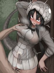 Rule 34 | 1boy, 1girl, ^^^, absurdres, against tree, animal hood, arm up, bar censor, black eyes, black hair, black mamba (kemono friends), blush, bow, bowtie, breasts, breath, censored, clothed female nude male, covered erect nipples, cum, cum in pussy, cum overflow, day, ejaculation, erection, female orgasm, fucked silly, furrowed brow, grabbing, grabbing another&#039;s breast, heart, heart-shaped pupils, hetero, highres, hood, hood up, hooded jacket, internal cumshot, jacket, kemono friends, large breasts, leaning back, long hair, long sleeves, microskirt, no panties, nose blush, nude, open mouth, orgasm, outdoors, penis, rolling eyes, sex, shibori kasu, side ponytail, silhouette, skirt, snake hood, snake tail, solo focus, sweat, symbol-shaped pupils, tail, tree, trembling, unaligned breasts, vaginal, very long hair, x-ray