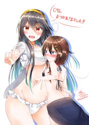 Rule 34 | 10s, 2girls, :d, absurdres, ahoge, between breasts, black hair, blue eyes, blush, breasts, brown hair, commentary, hair flaps, hair ornament, hairband, hairclip, haruna (kancolle), head between breasts, heart, heart ahoge, highres, kantai collection, multiple girls, namikawa kuroha, navel, open mouth, orange eyes, remodel (kantai collection), shigure (kancolle), signature, smile, swimsuit, translated, twitter username, v