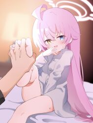 Rule 34 | 1girl, 1other, absurdres, ahoge, barefoot, bed, between legs, blue archive, blue eyes, blurry, blurry background, blush, chinese commentary, commentary request, dress shirt, fang, foot up, halo, hand between legs, hand to own mouth, heterochromia, highres, holding another&#039;s foot, hoshino (blue archive), indoors, interlocked fingers, interlocked toes, long hair, looking at viewer, meng yin, naked shirt, nervous, pink hair, pink halo, shirt, sidelighting, sitting, sweatdrop, very long hair, white shirt, yellow eyes