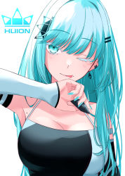 Rule 34 | 1girl, absurdres, bare shoulders, blue eyes, blue hair, blush, breasts, cleavage, commentary request, detached sleeves, earrings, hair ornament, highres, holding, huion, ichiki 1, jewelry, light blue hair, long hair, looking at viewer, medium breasts, mole, mole on body, mole under mouth, nail polish, one eye closed, simple background, tongue, tongue out, white background