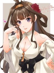 Rule 34 | 1girl, absurdres, ahoge, alternate costume, bare shoulders, blush, breasts, brown hair, brown pantyhose, cleavage cutout, clothing cutout, dated, double bun, dress, hair bun, hairband, headgear, highres, kantai collection, kongou (kancolle), long hair, medium breasts, official alternate costume, open mouth, pantyhose, purple hair, ribbon trim, shiomugi (shio mugi1107), smile, solo, white background, white dress