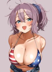 Rule 34 | 1girl, ahoge, american flag, american flag bikini, american flag print, aoba (kancolle), arms behind back, bare shoulders, bikini, blue eyes, blue scrunchie, breasts, brown shorts, cleavage, collarbone, denim, denim shorts, double-parted bangs, flag print, grey background, grey hair, hair between eyes, hair ornament, hair scrunchie, kantai collection, large breasts, leaning forward, looking at viewer, navel, open mouth, ponytail, print bikini, sawamura aoi, scrunchie, shorts, simple background, smile, solo, stomach, sweat, swimsuit, upper body