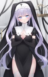 Rule 34 | 1girl, black dress, blue eyes, breasts, cowboy shot, detached sleeves, dress, habit, highres, long hair, long sleeves, looking at viewer, medium breasts, nun, original, own hands clasped, own hands together, parted lips, pelvic curtain, purple hair, shano hiyori, short sleeves, skindentation, solo, standing, thighhighs, thighs, twintails, veil, very long hair, white thighhighs