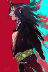Rule 34 | 1boy, artist name, bead necklace, beads, black hair, black horns, black kimono, commentary request, eyeshadow, fangs, highres, horns, japanese clothes, jewelry, kanoko (pattern), kimono, long hair, long sleeves, looking at viewer, makeup, male focus, multicolored hair, necklace, nijisanji, nijisanji en, obi, official alternate costume, oni, open clothes, open kimono, open mouth, parted bangs, pectorals, pointy ears, profile, purple eyes, red background, red eyeshadow, red hair, sash, sidelocks, sideways glance, simple background, skin-covered horns, solo, teeth, twitter username, virtual youtuber, vox akuma, vox akuma (2nd costume), yellow sash, zyzoh