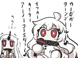 Rule 34 | 2girls, abyssal ship, ahoge, blush stickers, chibi, claws, collar, comic, commentary request, detached sleeves, flying sweatdrops, goma (gomasamune), highres, holding, holding microphone, horns, instrument, kantai collection, microphone, mittens, multiple girls, musical note, northern ocean princess, red eyes, seaport princess, single horn, tambourine, translation request, white background, white hair