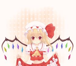 Rule 34 | 1girl, animated, animated gif, ascot, blinking, blonde hair, blush, clothes lift, dress, dress lift, embodiment of scarlet devil, female focus, flandre scarlet, haruki (colorful macaron), hat, looking at viewer, non-repeating animation, panties, red eyes, short hair, side ponytail, skirt, skirt lift, solo, striped clothes, striped panties, touhou, translation request, underwear, wings