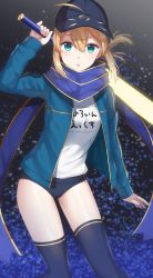 Rule 34 | 1girl, ahoge, aqua eyes, arm up, artoria pendragon (all), artoria pendragon (fate), bad id, bad twitter id, baseball cap, black thighhighs, blonde hair, blush, buruma, character name, fate (series), gym uniform, hair between eyes, hat, highres, holding, holding sword, holding weapon, izumo neru, jacket, looking at viewer, mysterious heroine x (fate), name tag, open clothes, open jacket, open mouth, rojiura satsuki : chapter heroine sanctuary, saber (fate), shirt, sidelocks, solo, sword, thighhighs, thighs, weapon, white shirt