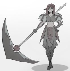Rule 34 | 1girl, armor, artist name, blue eyes, breastplate, closed mouth, collarbone, gradient background, graves, hair between eyes, hand on own hip, highres, holding, holding scythe, holding weapon, huge weapon, kiritzugu, long hair, midriff, navel, original, pointy footwear, red hair, scythe, signature, sketch, smile, solo, standing, vambraces, weapon