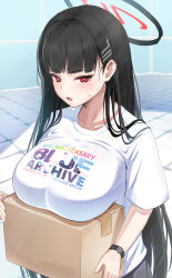 1girl absurdres anniversary black_hair black_halo blue_archive breasts bright_pupils clothes_writing collarbone commentary_request copyright_name halo highres kuromiz large_breasts looking_at_viewer multicolored_halo red_eyes red_halo rio_(blue_archive) shirt short_sleeves solo t-shirt two-tone_halo watch white_pupils white_shirt