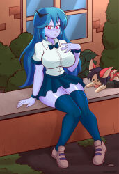 Rule 34 | 1girl, :3, animal hair ornament, bat hair ornament, blue bow, blue bowtie, blue hair, blue skin, blue skirt, blue thighhighs, borrowed character, bow, bowtie, breasts, brick wall, brown footwear, character doll, colored skin, dakunart, demon girl, hair ornament, hand on own chest, highres, large breasts, long hair, looking at viewer, lucy (lucyfer), open mouth, red eyes, roy (lucyfer), school, school uniform, shirt, shoes, short sleeves, sitting, skirt, stuffed toy, thighhighs, white shirt, window, wristband