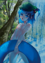 Rule 34 | 1girl, bad id, bad pixiv id, blue eyes, blue hair, blush, breasts, convenient censoring, hair bobbles, hair ornament, hat, innertube, kawashiro nitori, looking at viewer, matching hair/eyes, nature, navel, nipples, nude, open mouth, silentdin, small breasts, solo, swim ring, touhou, tree shade, twintails, two side up, water, waterfall