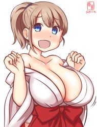 Rule 34 | 1girl, alternate costume, artist logo, blue eyes, breasts, brown hair, cleavage, commentary request, dated, hakama, intrepid (kancolle), japanese clothes, kanon (kurogane knights), kantai collection, kimono, large breasts, looking at viewer, miko, off shoulder, one-hour drawing challenge, ponytail, red hakama, short hair, simple background, solo, upper body, white background