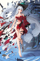 Rule 34 | 1girl, aqua headwear, arknights, bare legs, bare shoulders, boots, bowlp, breasts, cleavage, commentary request, detached sleeves, dress, full body, grey hair, highres, long hair, long sleeves, looking at viewer, medium breasts, navel, red dress, red eyes, single boot, skadi (arknights), skadi the corrupting heart (arknights), solo, stomach, thighs, torn clothes, torn dress, very long hair, white footwear, wide sleeves