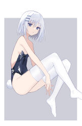 Rule 34 | 1girl, absurdres, animal ears, backless leotard, bare shoulders, blue eyes, blue leotard, blush, breasts, cleavage, covered navel, crossed legs, date a live, expressionless, from side, full body, hair between eyes, hair ornament, hairclip, highres, knees up, leotard, looking at viewer, medium hair, open mouth, parted lips, rabbit ears, skin tight, small breasts, solo, staring, strapless, strapless leotard, tobiichi origami, umiaaaaa, white hair