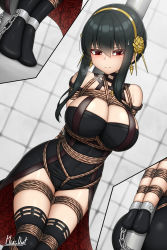 Rule 34 | 1girl, arms behind back, ass, bare shoulders, bdsm, black dress, black gloves, black hair, black thighhighs, blush, bondage, boots, bound, bound ankles, bound arms, bound wrists, breasts, breath, chain, chained wrists, cleavage, closed mouth, dress, earrings, floral print, flower, gloves, gold earrings, gold hairband, hair flower, hair ornament, hairband, highres, jewelry, large breasts, long hair, looking at viewer, multiple views, plusout, red eyes, rope, rose, rose print, short hair with long locks, sidelocks, skindentation, spikes, spy x family, thigh boots, thighhighs, thighs, two-sided dress, two-sided fabric, yor briar