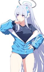 Rule 34 | 1girl, black shirt, blue archive, blue buruma, blue jacket, blush, buruma, closed mouth, clothes pull, commentary, cowboy shot, grey hair, halo, highres, jacket, jacket pull, long hair, long sleeves, mechanical halo, noa (blue archive), partially unzipped, purple eyes, reia 76, shirt, simple background, solo, sweat, very long hair, white background