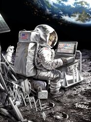 1girl american_flag animal astronaut boots calm cat computer earth_(planet) elf futuristic helmet laptop miyu_(miyu_heuung) moon original planet pointy_ears space spacesuit spacex stock_trading_elf_(miyu)