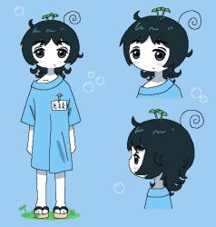 Rule 34 | 1girl, ahoge, badge, black hair, blue background, blue eyes, blue shirt, blush, bubble, character name, character sheet, closed mouth, colored skin, eli (chibitoad), expressionless, from side, full body, grass, highres, leaf, leaf on head, looking at viewer, medium hair, multiple views, on grass, original, oversized clothes, plant on head, portrait, sandals, shirt, simple background, soap bubbles, solo, standing, straight-on, white skin