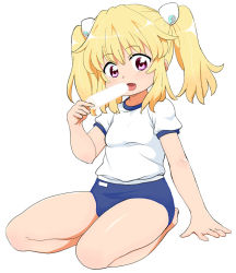 Rule 34 | 10s, 1girl, aquarion logos, arm support, blonde hair, buruma, child, daioh, fang, food, full body, gym uniform, ice cream, looking at viewer, open mouth, purple eyes, shiny skin, shirt, simple background, solo, twintails, uminagi karan, white background