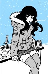 Rule 34 | 1girl, akairiot, bandaid, bandaid on leg, blue background, blue theme, blunt bangs, can, cigarette, fur-trimmed hood, fur trim, halftone, highres, hood, jacket, knife, lighter, long hair, long sleeves, looking to the side, monochrome, original, phone, pleated skirt, revision, sitting, sitting on table, skirt, smoking, solo, table, thighhighs, thighs